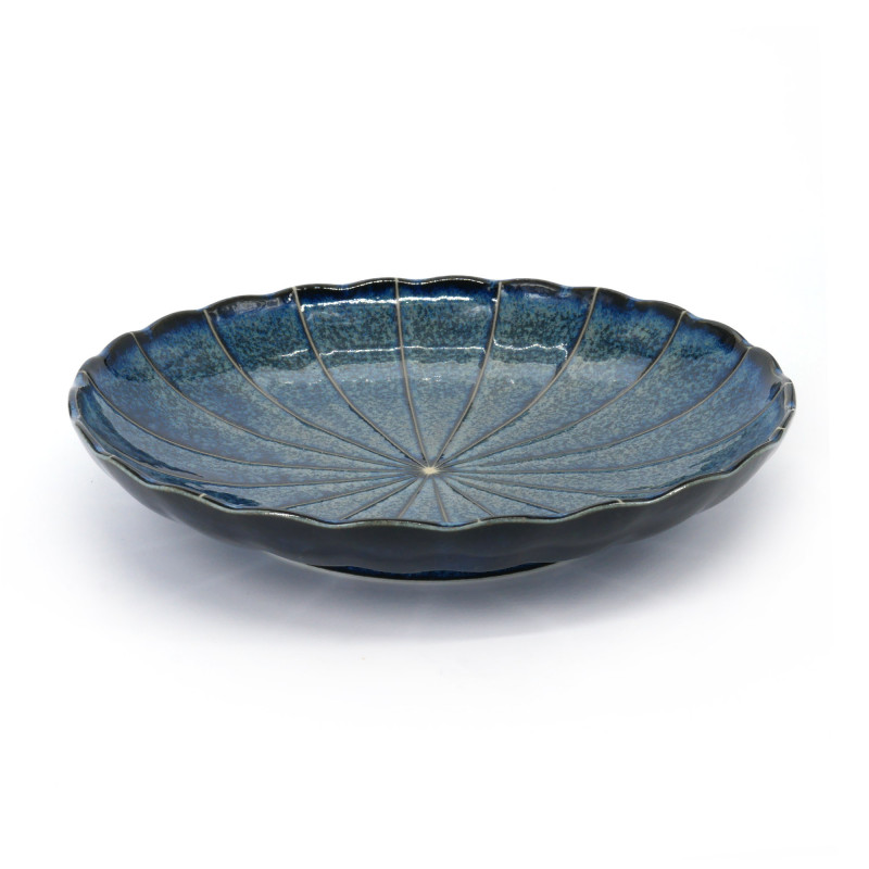 Japanese round ceramic plate in the shape of chrysanthemum, KIKU, dark blue