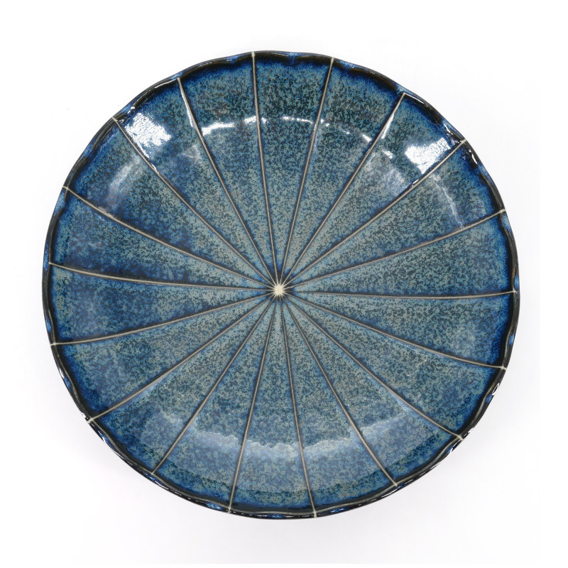 Runder japanischer Keramikteller in Form einer Chrysantheme, KIKU, dunkelblau