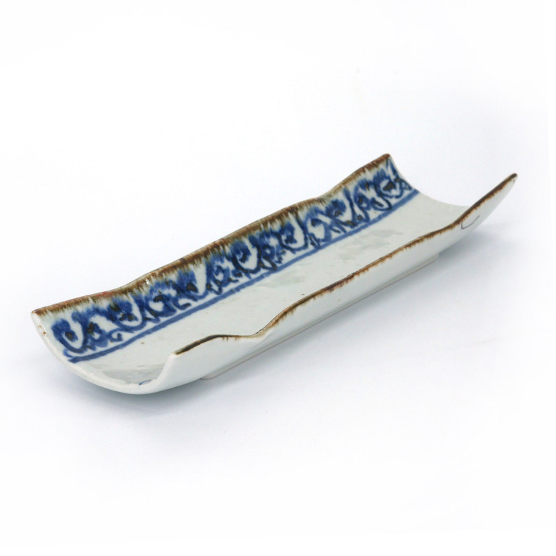 Japanische rechteckige Platte, weiß mit blauen Mustern, KARAKUSA