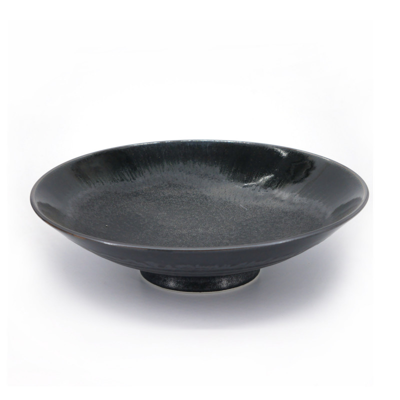 Grande assiette creuse japonaise noire, KONSEKI, coulures noires