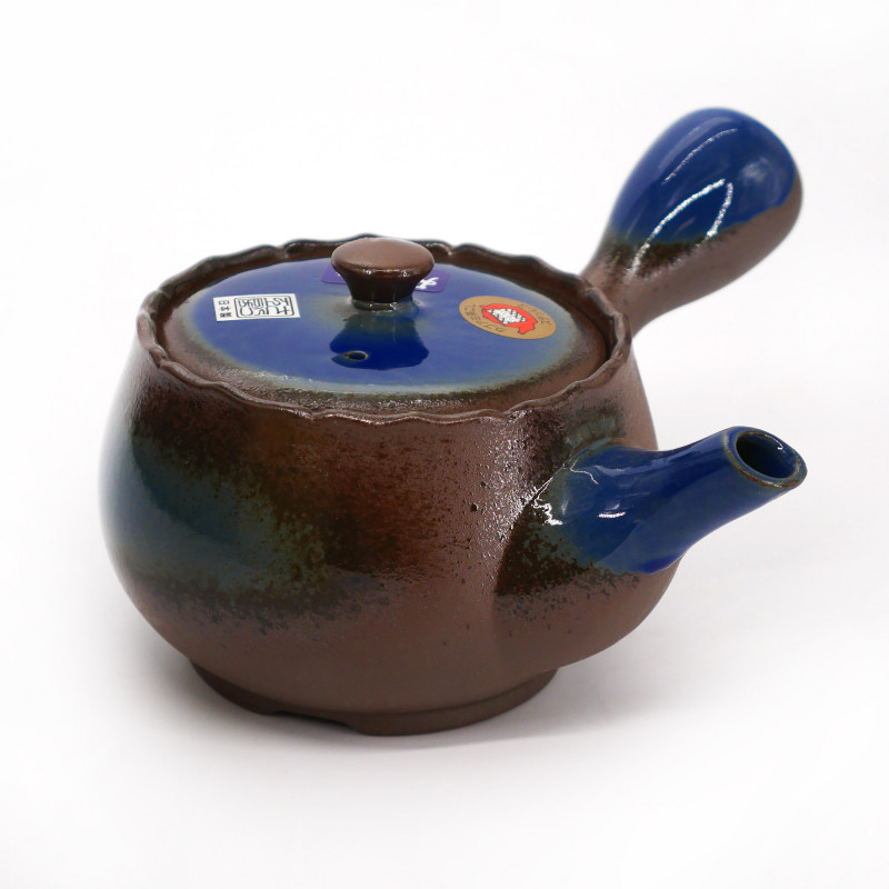 Théière kyusu japonaise en céramique, AZA, marron et bleu