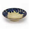 Japanische beige Ramenschale aus Keramik, SHITO, blaues Blattmuster