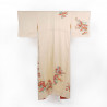 Kimono japonais vintage beige satiné, motifs fleurs, ORENJI