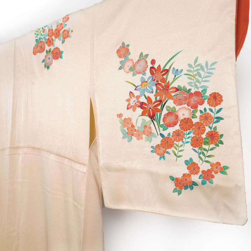 Kimono giapponese di raso beige vintage, disegno di fiori, ORENJI