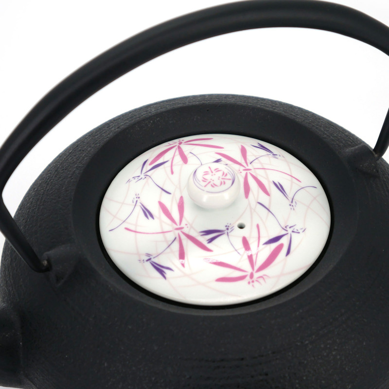 Japanese prestige cast iron round teapot with ceramic lid, CHÛSHIN KÔBÔ HIRATSUBO, Dragonflies