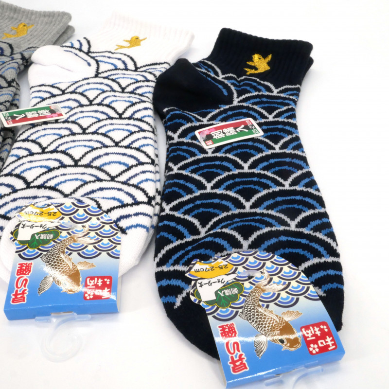 Chaussettes japonaises en coton motif  vagues avec broderie carpe dorée, BAKUZEN GORUDENKAPU , couleur au choix, 25-27 cm