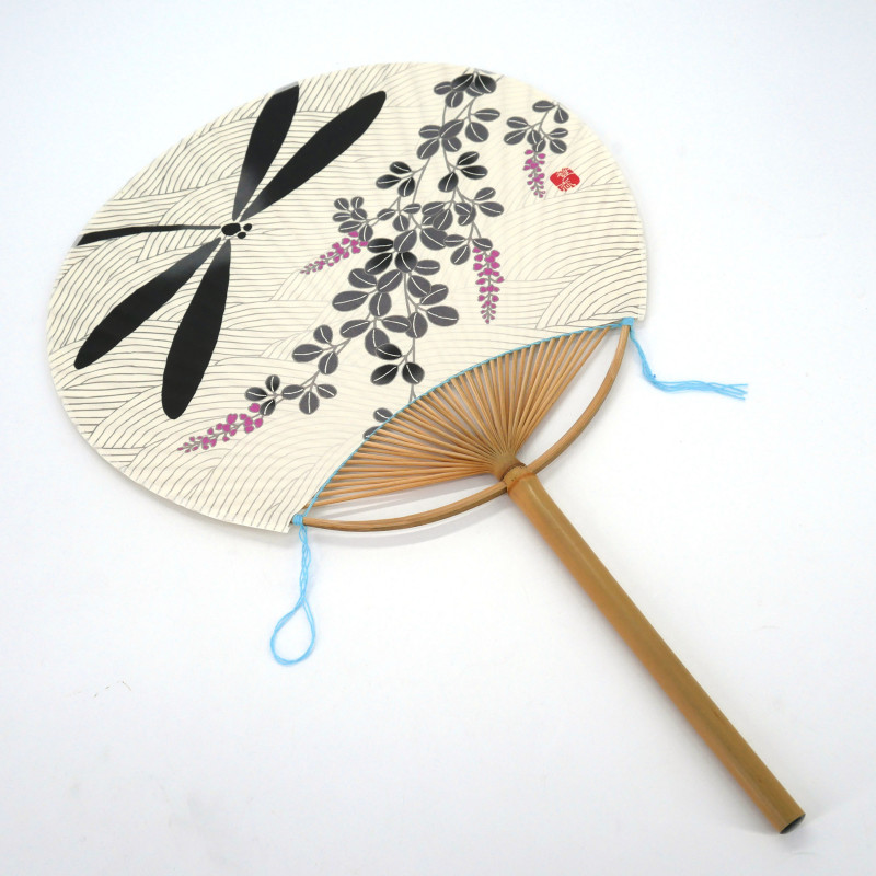 Abanico japonés no plegable uchiwa en papel y bambú Motivo Libélula, TONBO, 38x24 cm