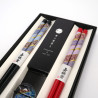 Set of 2 pairs of Japanese chopsticks and 2 chopstick holders in acrylic and resin with red and black flower motif, HANA N°2