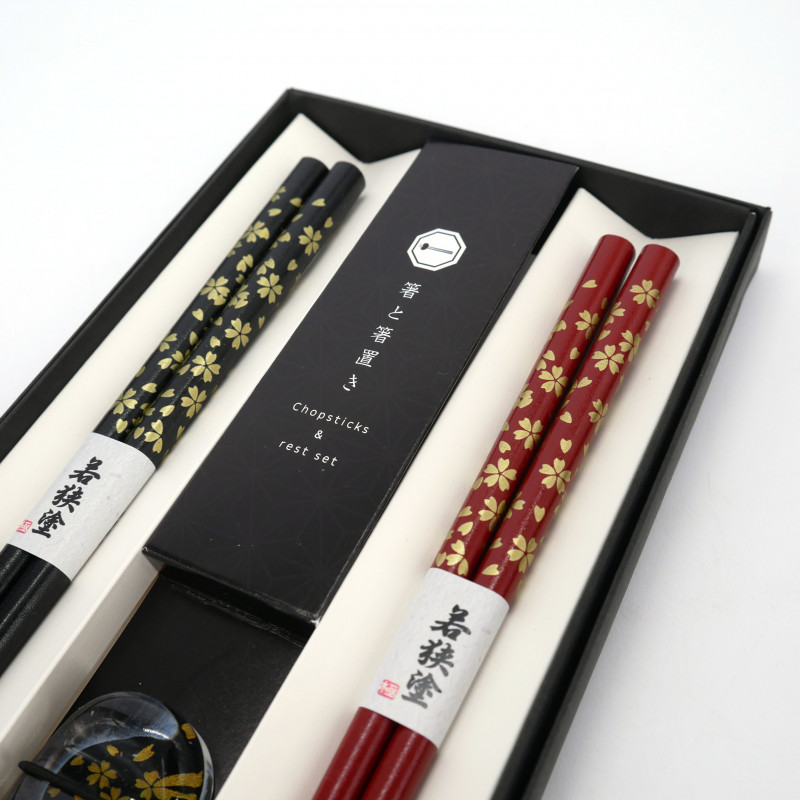 Set of 2 pairs of Japanese chopsticks and 2 chopstick holders in acrylic and resin with red and black flower motif, HANA