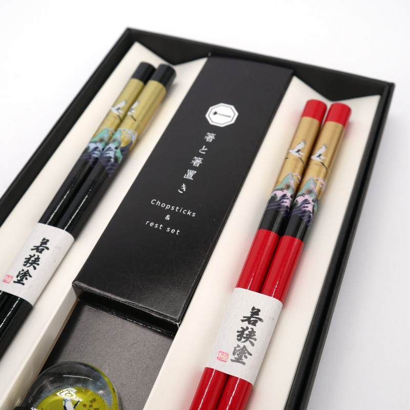 Set mit 2 Paar japanischen Essstäbchen und 2 Essstäbchenhaltern aus Acryl und Harz mit Kranichmotiv, TSURU