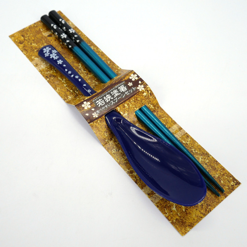 Ensemble paire de baguettes  et cuillère en acrylique et résine bleue assortis, Fleur de Cerisier, SAKURA NO HANA AOI