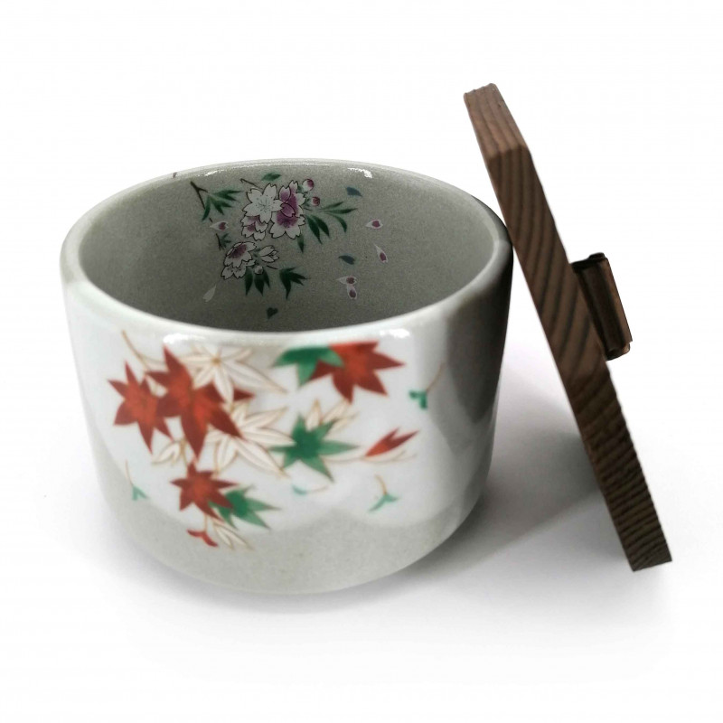 Japanese ceramic grey bowl with wooden lid, TATTAGAWA, momiji