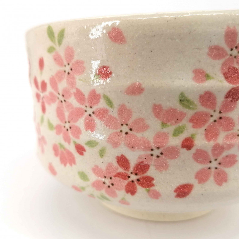 Cuenco japonés para la ceremonia del té - chawan, beige, flores rosas, SAKURA