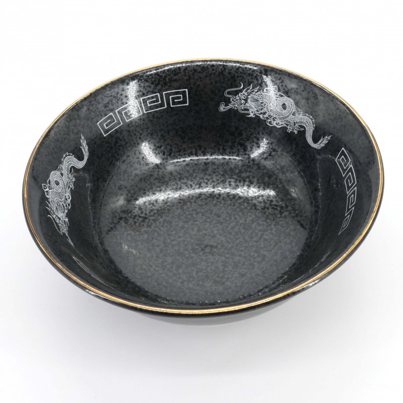 Ciotola ramen giapponese in ceramica nera, drago bianco, DORAGON