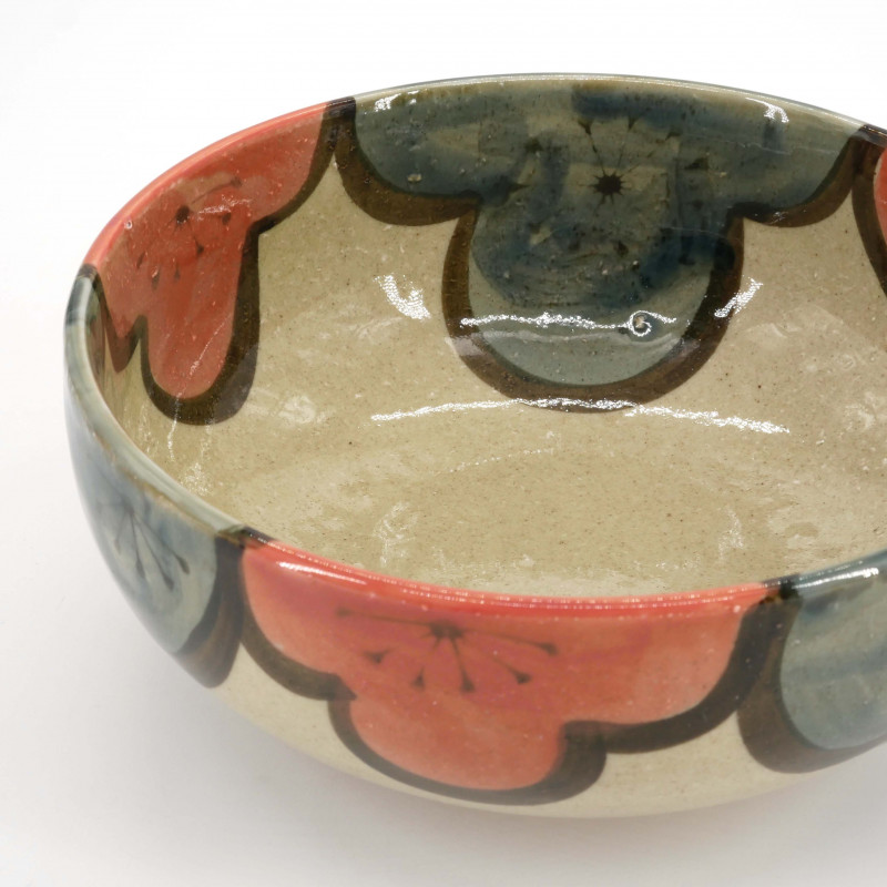 Ciotola giapponese in ceramica beige con fiori rossi e blu, FURAWAZU AOI AKA