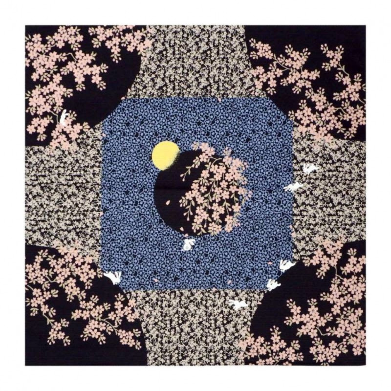 Furoshiki en conejo y flores de algodón japonés negro, USAGI, 50 x 50 cm