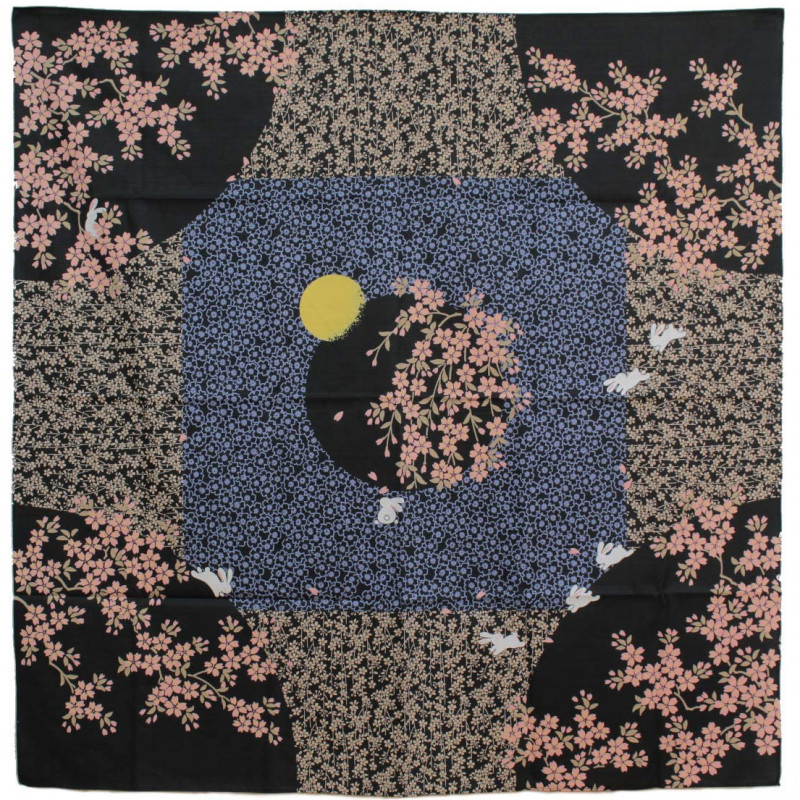 Furoshiki in black Japanese cotton rabbit and flowers, USAGI, 50 x 50 cm