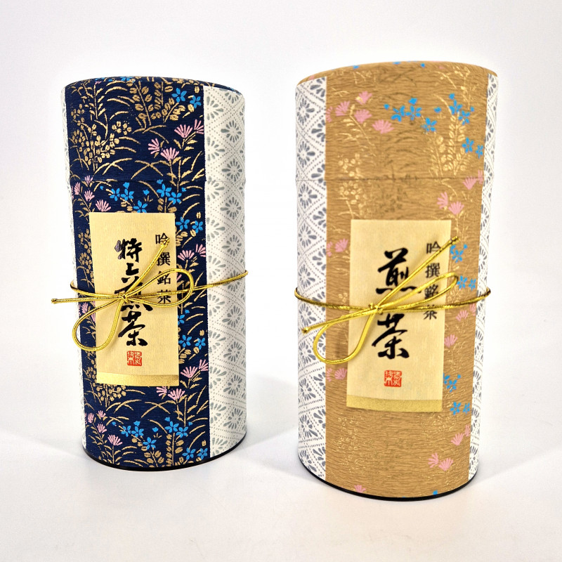 Duo of blue and yellow Japanese tea boxes covered with washi paper, HANAGOYOMI, 200 g