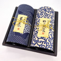 Duo of blue Japanese tea canisters covered with washi paper, AIZOME, 200 g