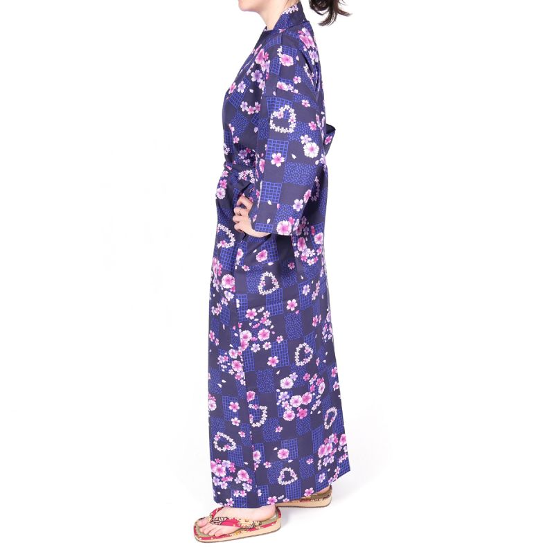 kimono japonais violet en coton pour femme KOMONICHIMATSU-NI-SAKURA