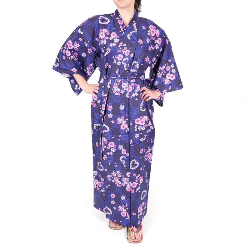 lila japanischer Baumwoll-Kimono, KOMONICHIMATSU-NI-SAKURA, lila