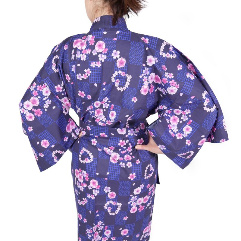 kimono japonais violet en coton pour femme KOMONICHIMATSU-NI-SAKURA