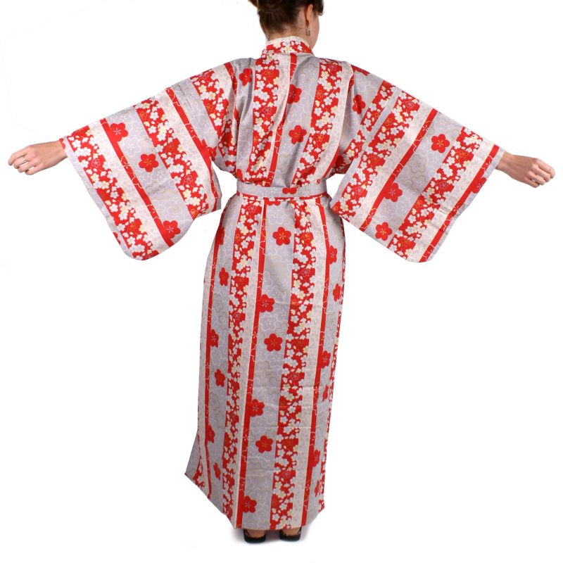 Kimono in cotone rosso giapponese, TATESHIMA-NI-SAKURA, rosso