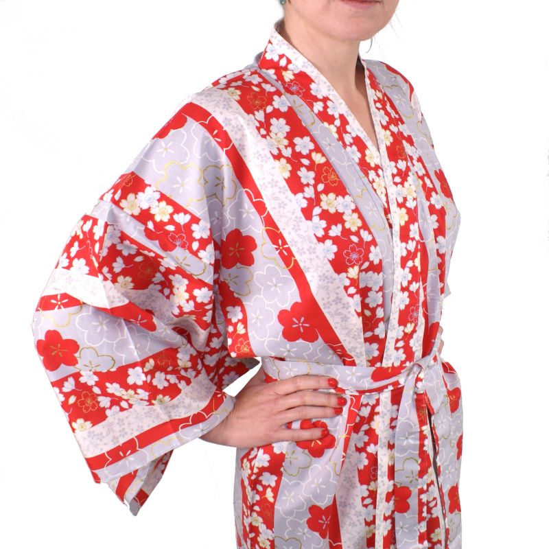 Japanischer roter Baumwoll-Kimono, TATESHIMA-NI-SAKURA, rot