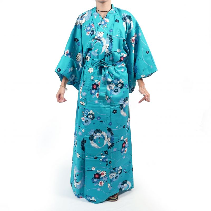 Kimono di cotone blu per donna - MARU NI TSURU