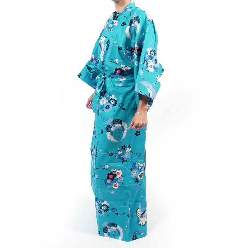 Kimono bleu en coton pour femme - MARU NI TSURU