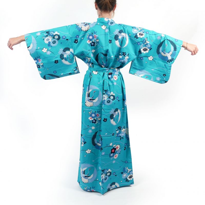 Kimono di cotone blu per donna - MARU NI TSURU