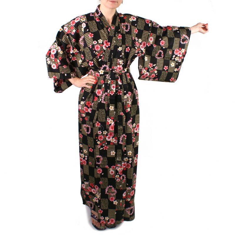 Kimono de algodón negro japonés, KOMONICHIMATSU-NI-SAKURA, negro