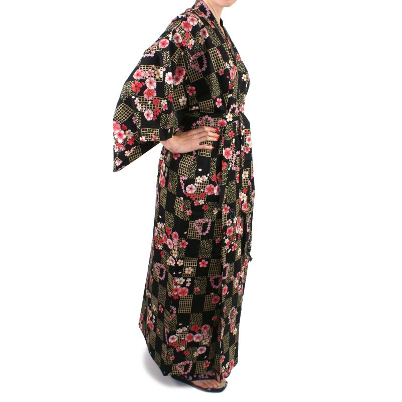 Kimono giapponese in cotone nero, KOMONICHIMATSU-NI-SAKURA, nero