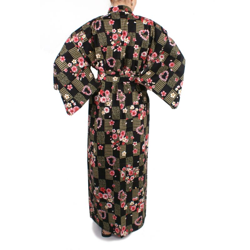 Black cotton kimono Women KOMONICHIMATSU-NI-SAKURA