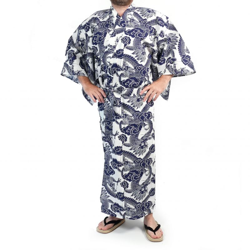 Yukata japonais bleu et blanc motifs dragon en coton pour homme - RYU NO CHIKARA