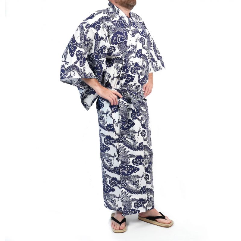 Yukata giapponese in cotone con motivo drago bianco e blu per uomo - RYU NO CHIKARA