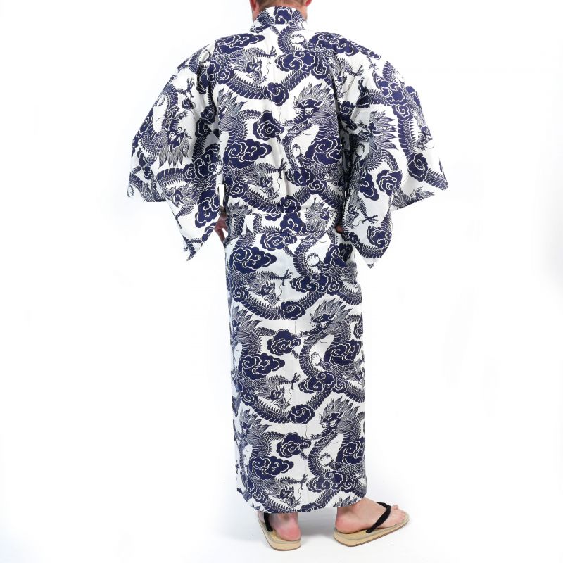 Yukata japonesa de algodón con estampado de dragón azul y blanco para hombre - RYU NO CHIKARA