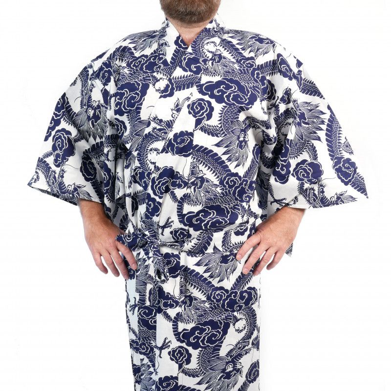 Yukata japonais bleu et blanc motifs dragon en coton pour homme - RYU NO CHIKARA