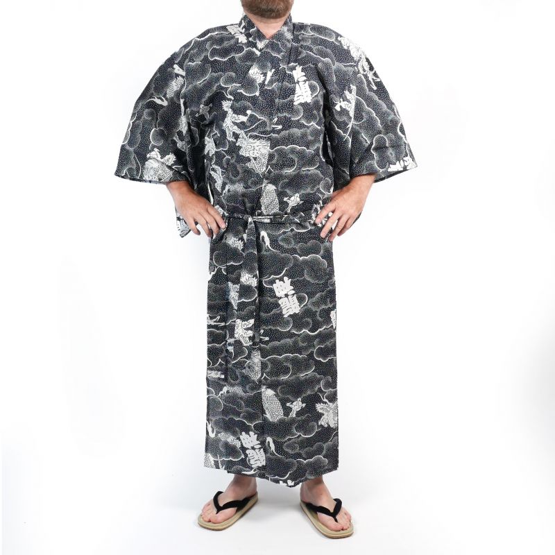 Japanischer schwarzer und weißer Baumwoll-Yukata mit Drachenmuster für Männer - RYUJIN