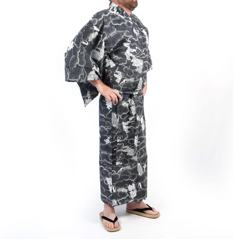 Japanischer schwarzer und weißer Baumwoll-Yukata mit Drachenmuster für Männer - RYUJIN