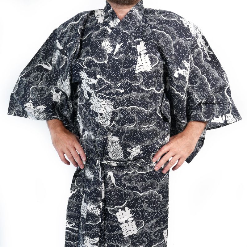 Yukata japonesa de algodón con estampado de dragón blanco y negro para hombre - RYUJIN