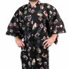 Yukata giapponese nero con motivi di carte hanafuda in cotone per uomo - HANAFUDA