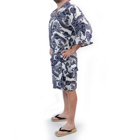 Happi kimono japonés de algodón con estampado de dragón azul y blanco para hombre - RYU NO CHIKARA