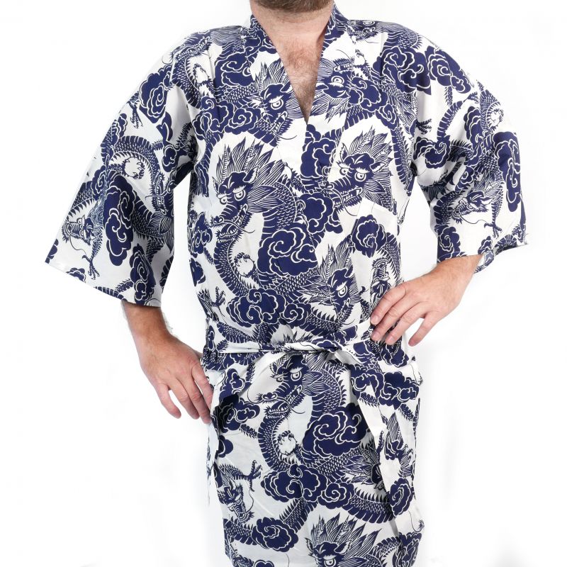 Happi kimono japonais bleu et blanc motif dragon en coton pour homme - RYU NO CHIKARA