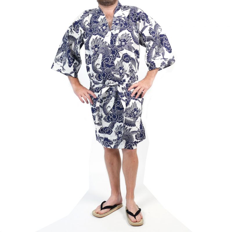 Happi kimono japonés de algodón con estampado de dragón azul y blanco para hombre - RYU NO CHIKARA