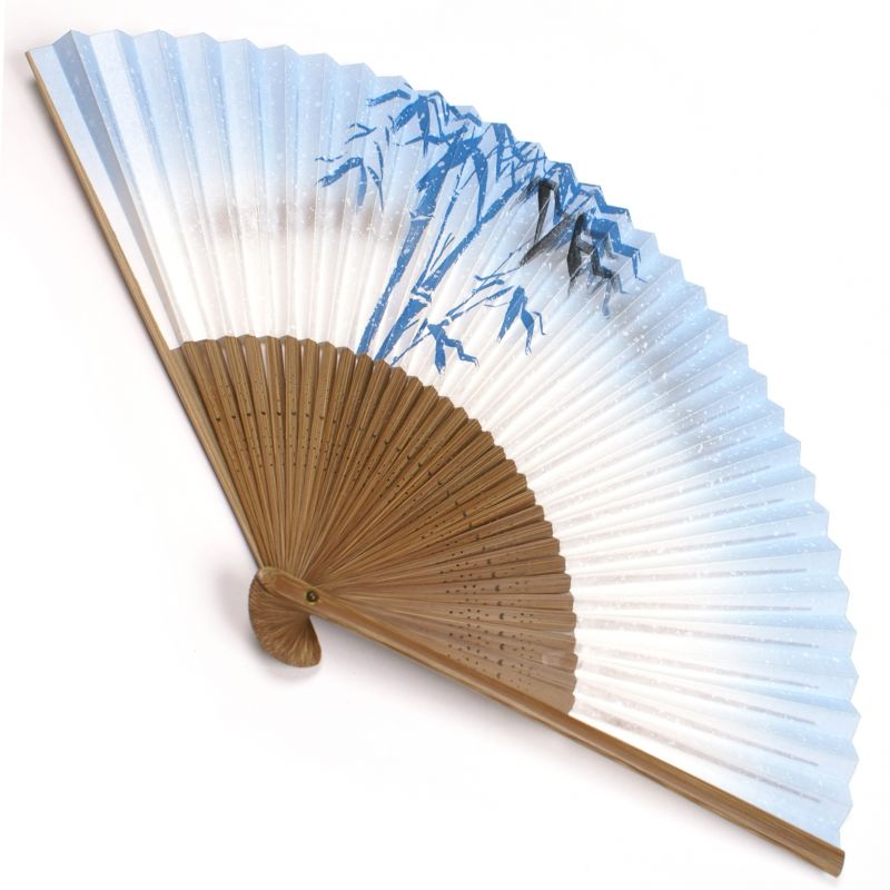 ventaglio giapponese fatto di carta e bambù, TAKE, blu e bianco