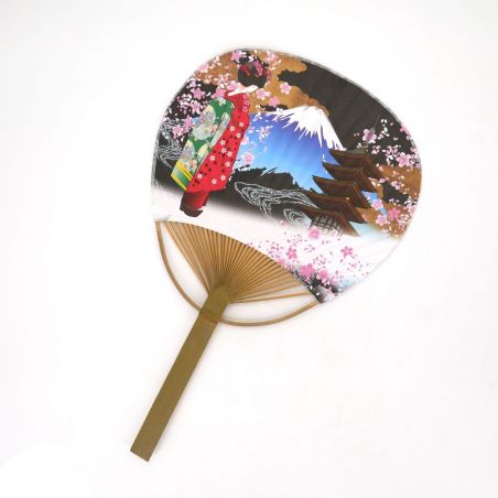 abanico japonés no plegable, uchiwa, GEISHA, negro