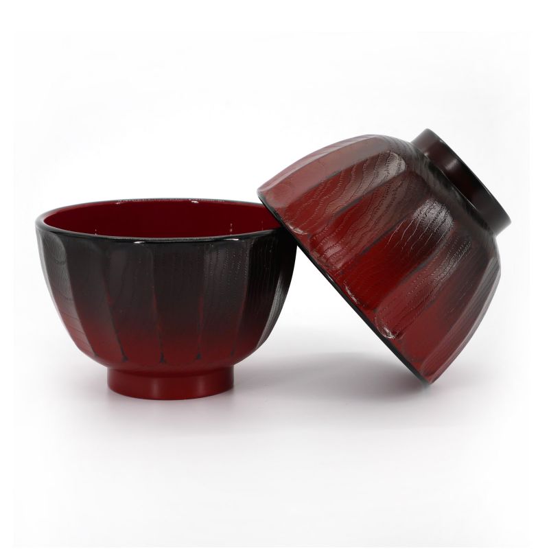 Duo de bol japonais noir et rouge en résine imitation bois - KIKUBORI BOKASHI - 10.9cm