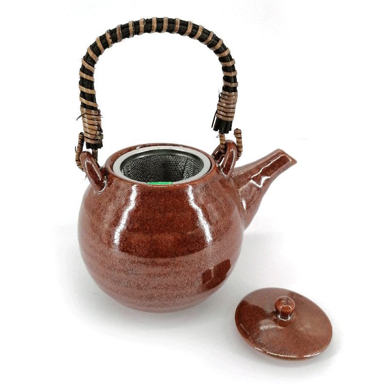 Japanische runde Keramik-Teekanne mit Bambusgriff und Filter, braun, GIN GANRYO