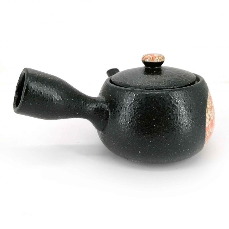 Teiera giapponese in ceramica kyusu con filtro e interno smaltato, cerchio floreale nero - HANA NO WA